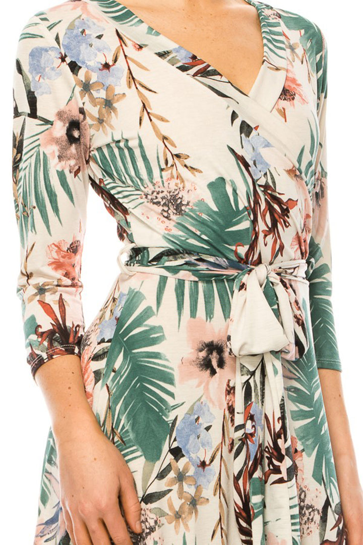 Floral print, faux wrap dress with deep V-neck - Azoroh