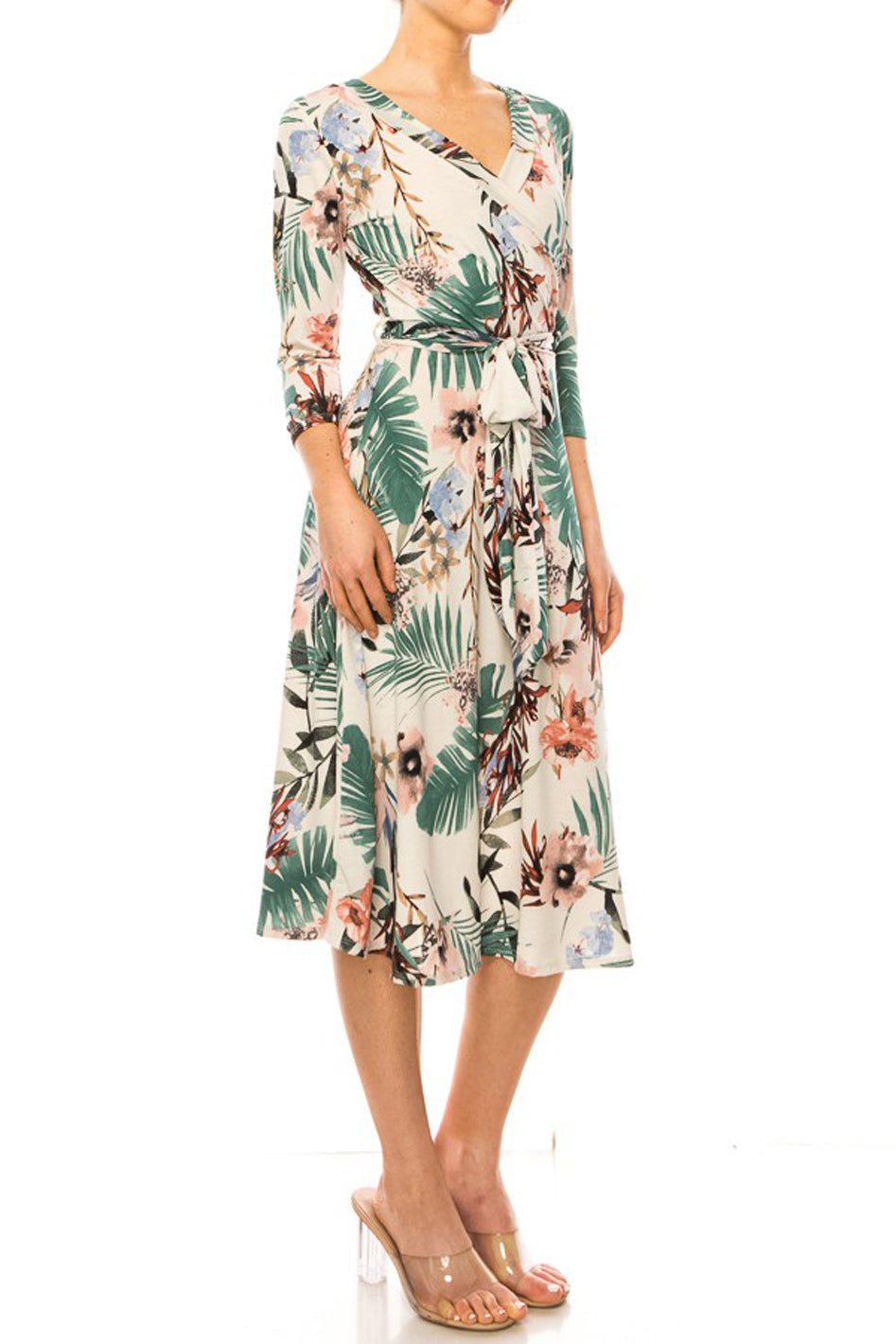 Floral print, faux wrap dress with deep V-neck - Azoroh