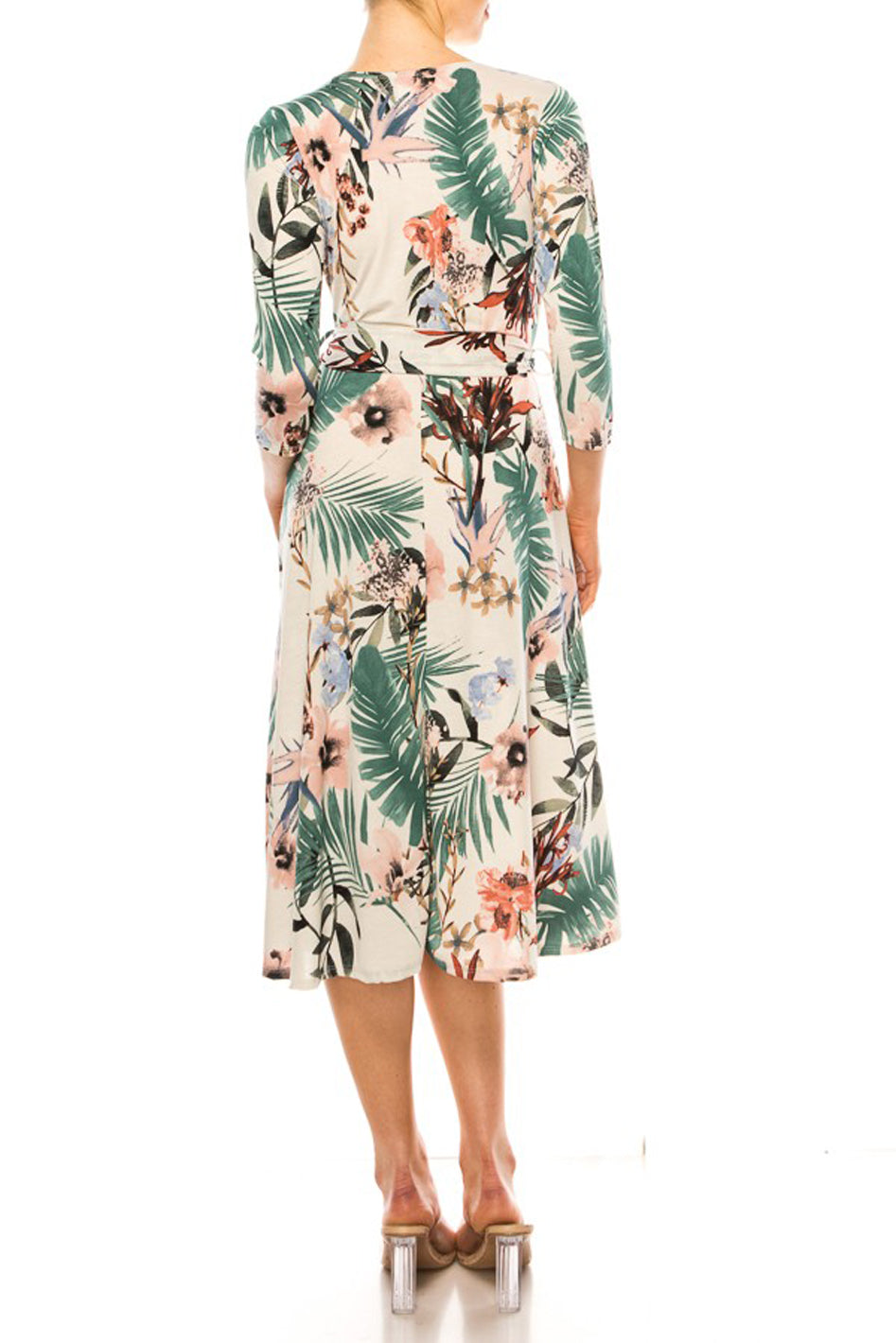 Floral print, faux wrap dress with deep V-neck - Azoroh