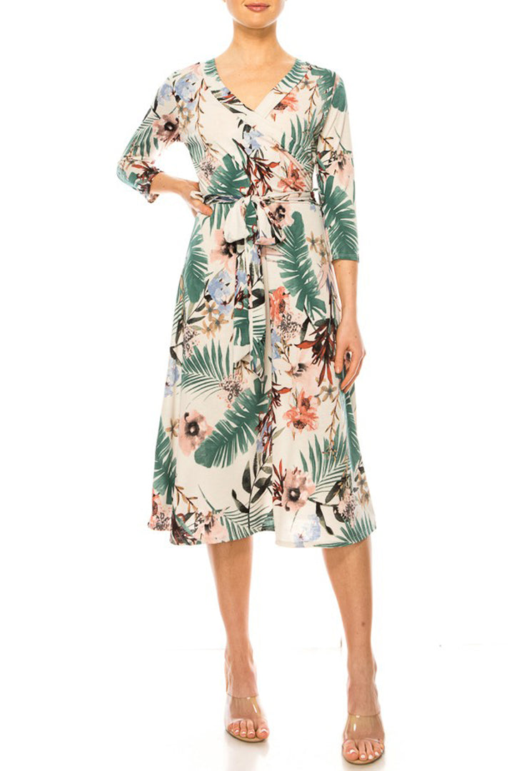 Floral print, faux wrap dress with deep V-neck - Azoroh