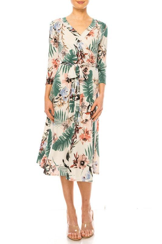 Floral print, faux wrap dress with deep V-neck - Azoroh
