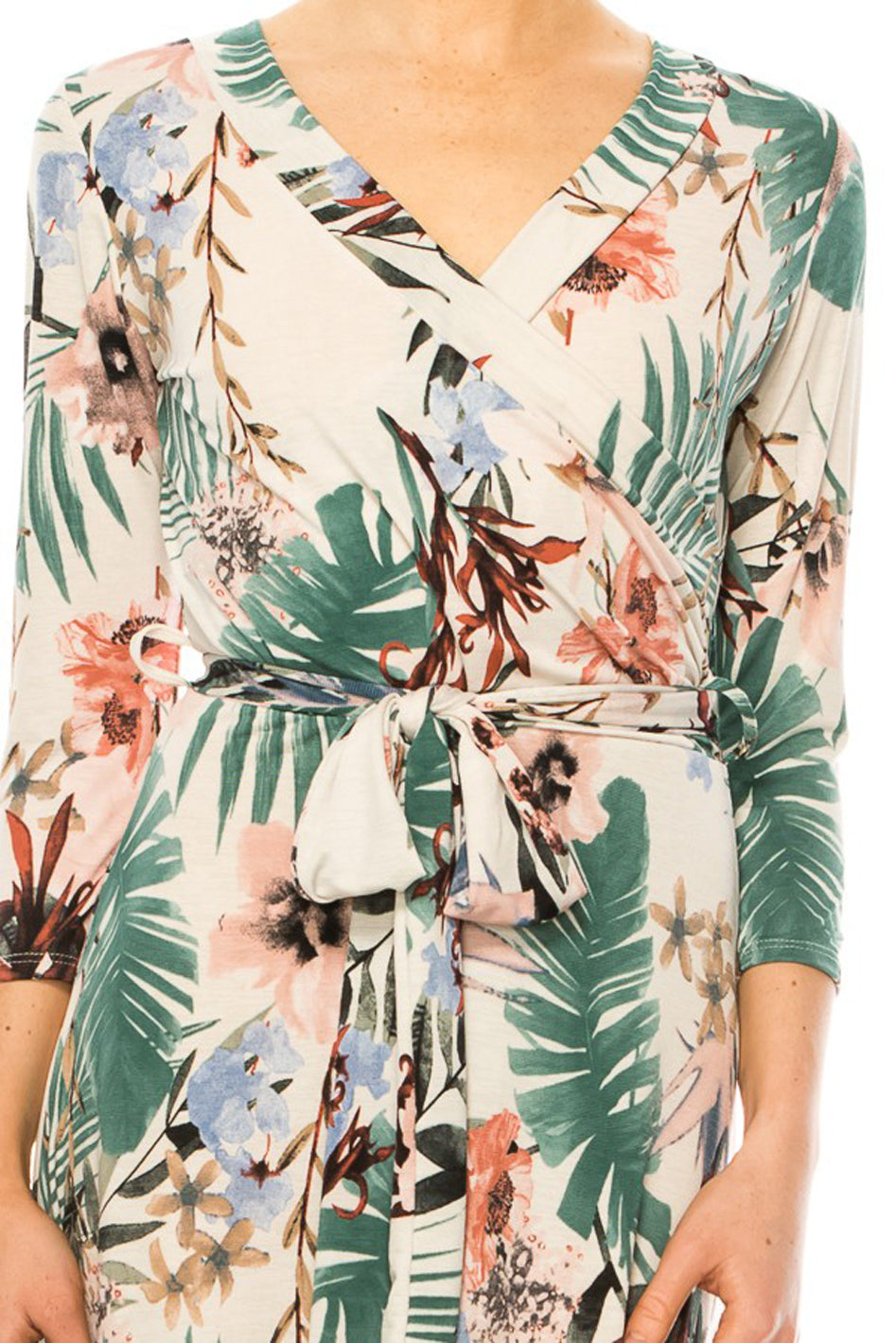 Floral print, faux wrap dress with deep V-neck - Azoroh