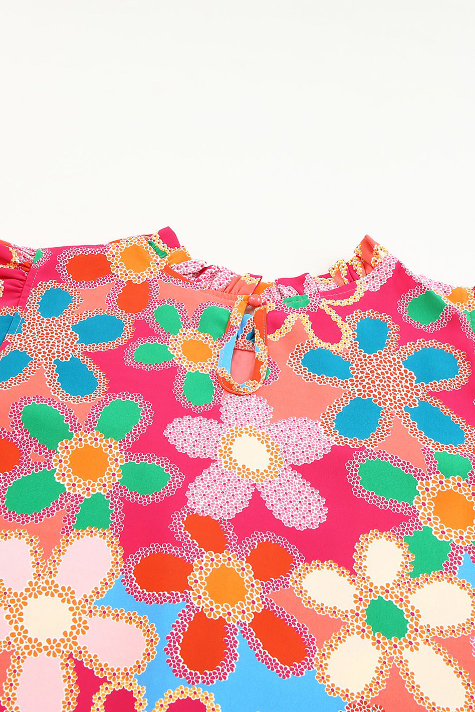 Embroidered Detail Floral Print RuffleTank Top