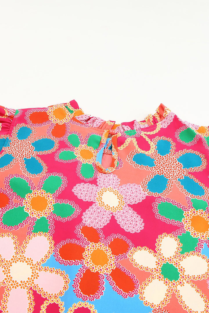 Embroidered Detail Floral Print RuffleTank Top