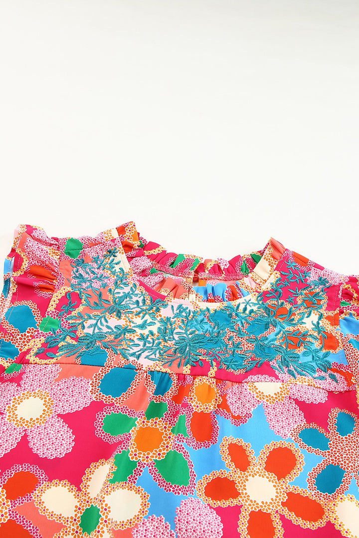 Embroidered Detail Floral Print RuffleTank Top