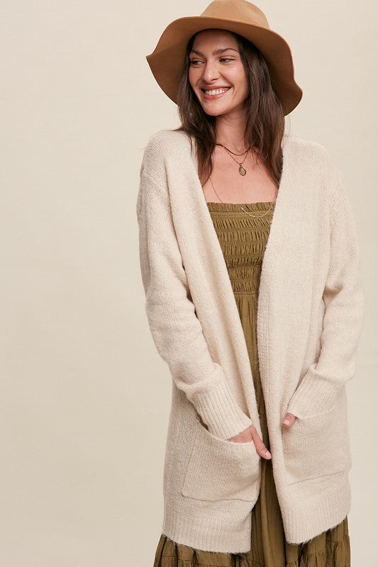 Two Pocket Open-Front Long Knit Cardigan