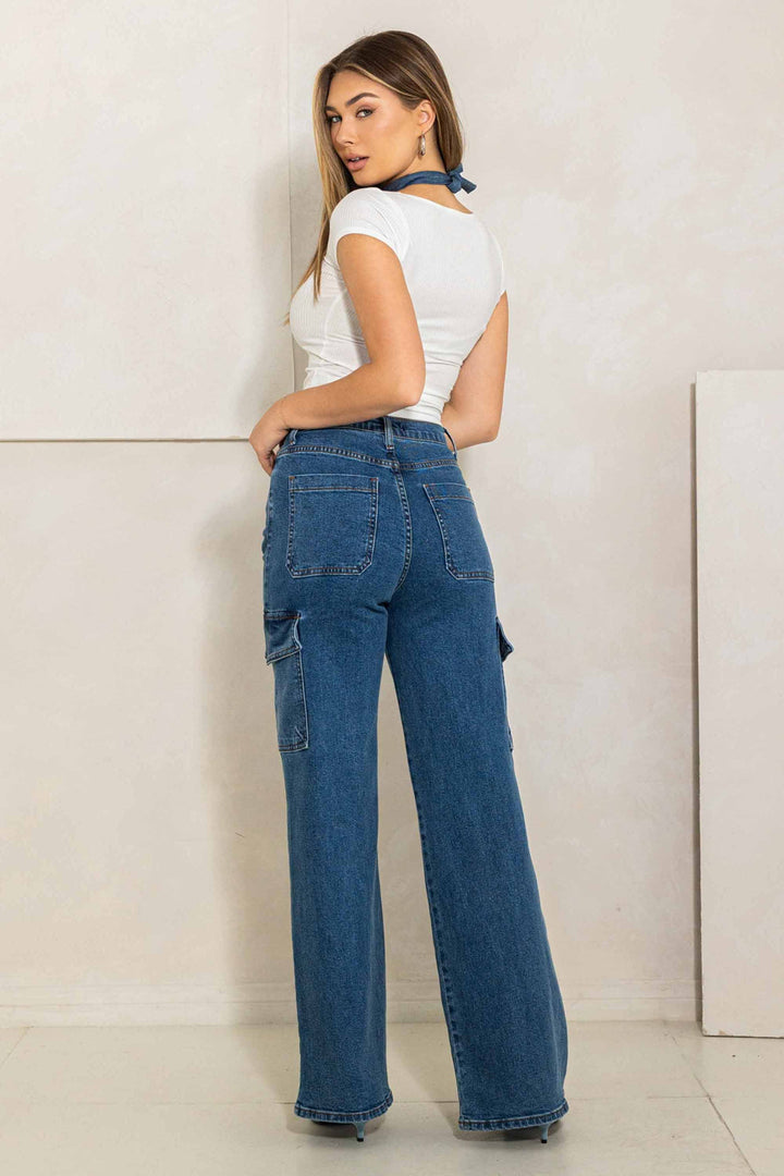 High Rise Crossed Waist Cargo Wide Jeans - Azoroh