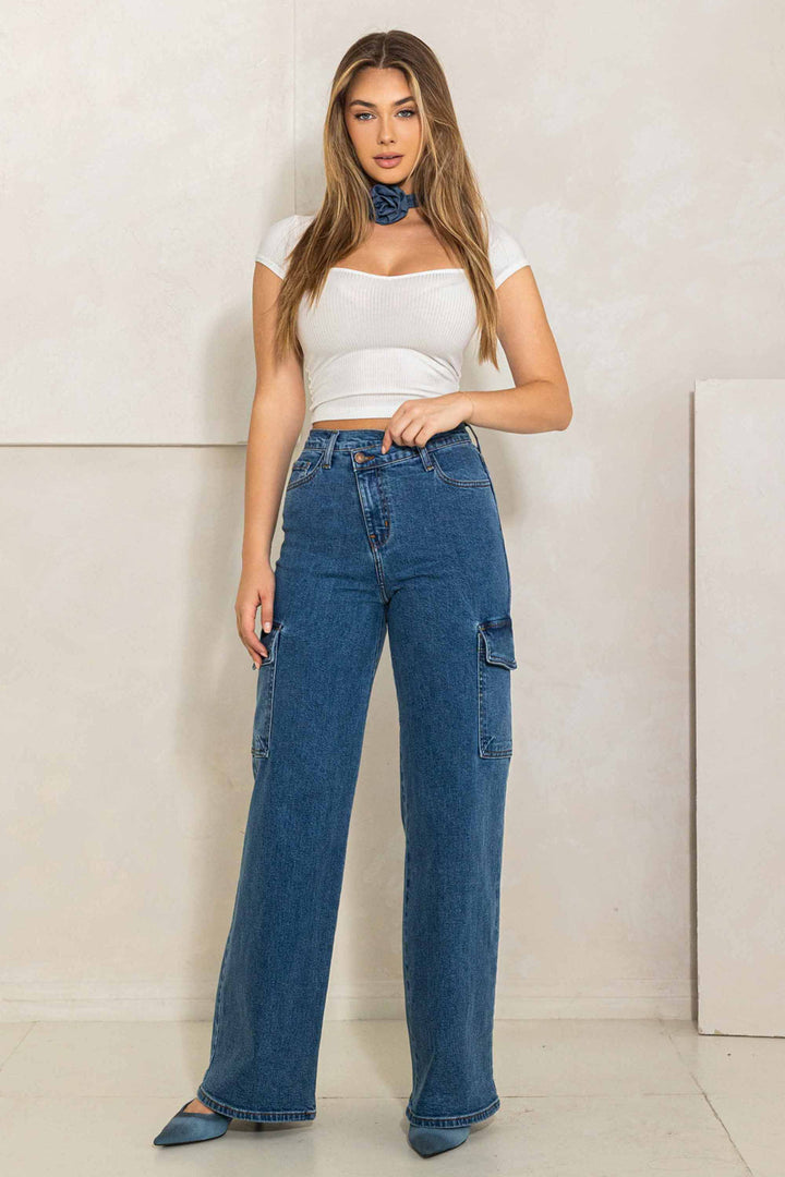 High Rise Crossed Waist Cargo Wide Jeans - Azoroh