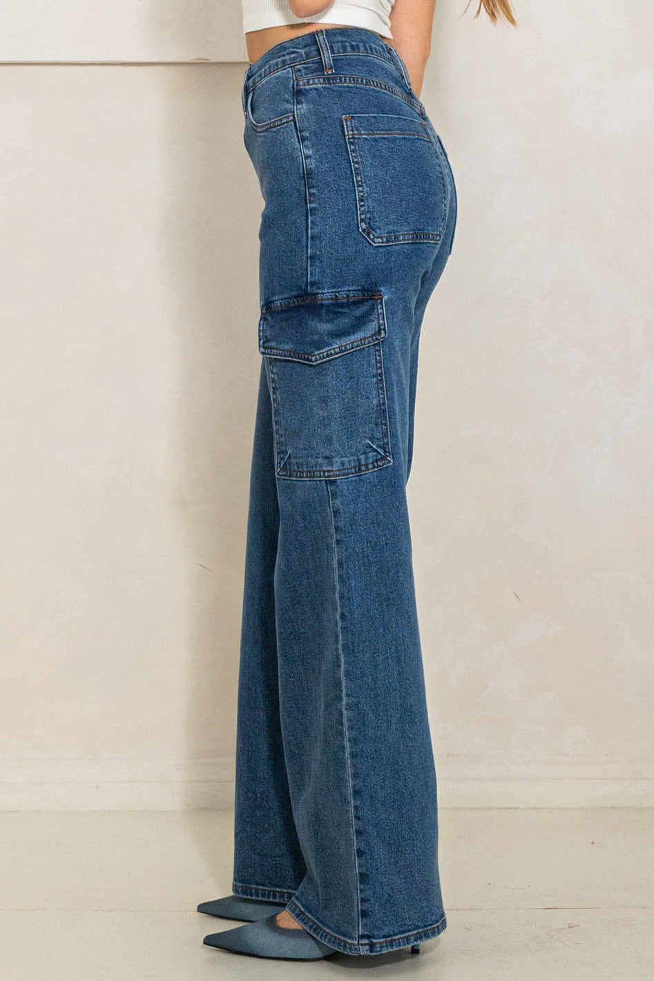 High Rise Crossed Waist Cargo Wide Jeans - Azoroh