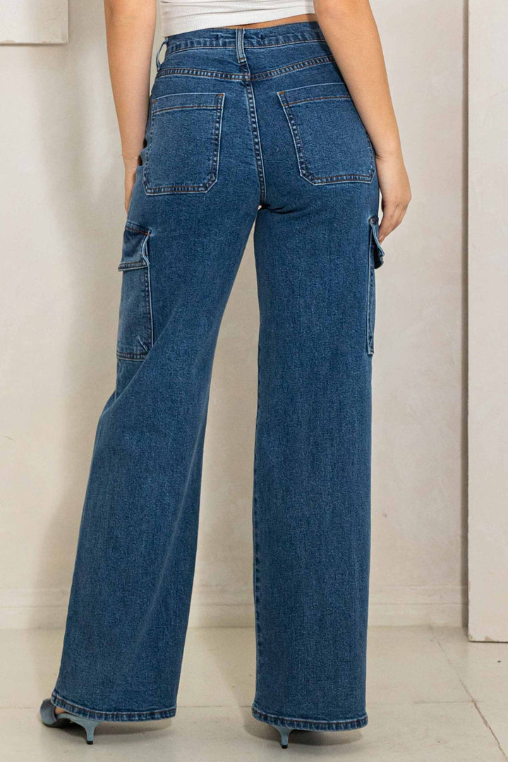 High Rise Crossed Waist Cargo Wide Jeans - Azoroh