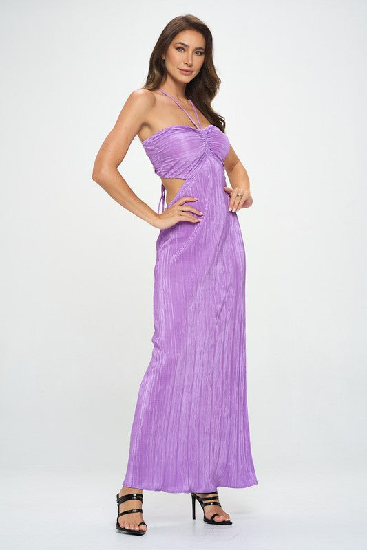 Plisse Halterneck Maxi Cutout Dress with Open Back