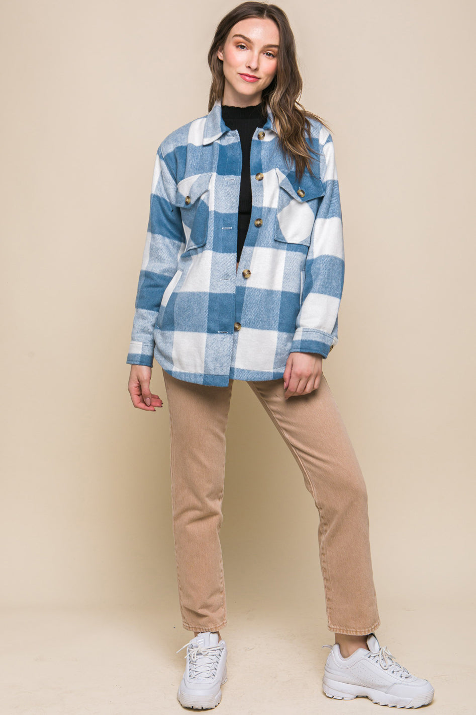 Plaid Button Down Jacket with Front Pocket Detail - Azoroh