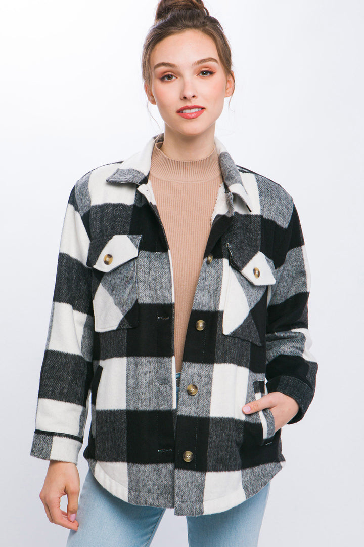 Plaid Button Down Jacket with Front Pocket Detail - Azoroh