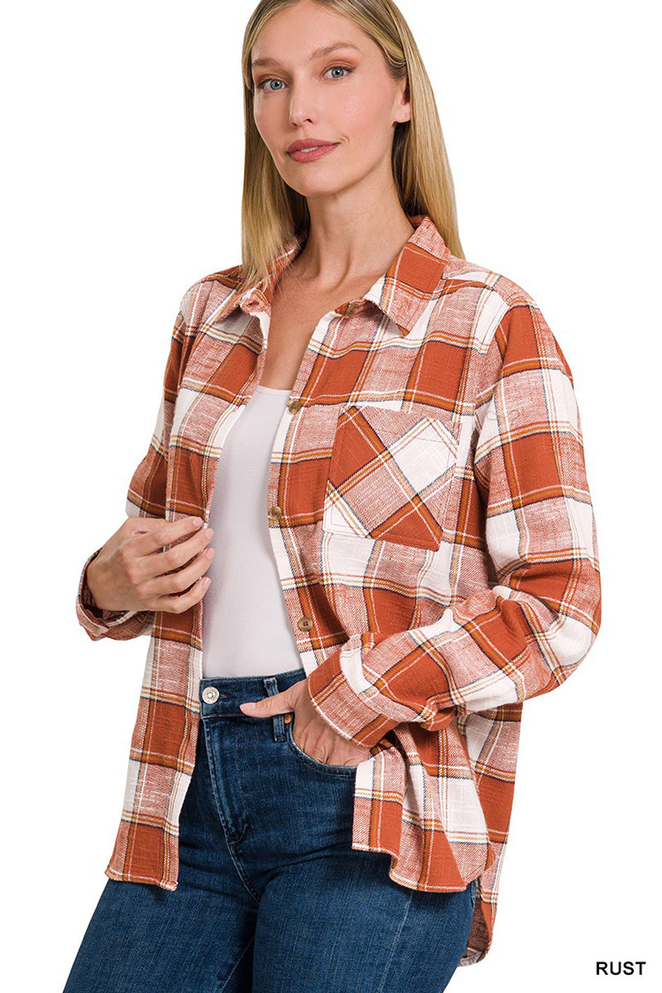 Cotton Plaid Shacket With Front Pocket - Azoroh