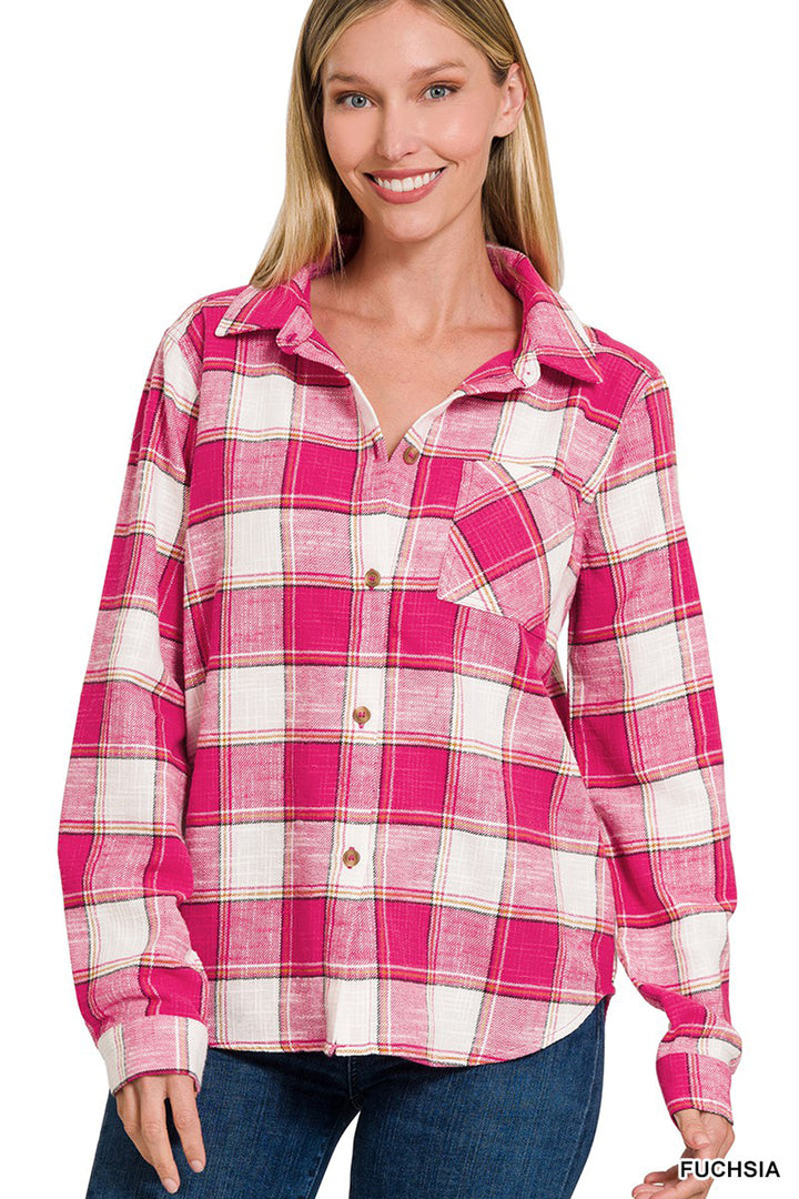 Cotton Plaid Shacket With Front Pocket - Azoroh