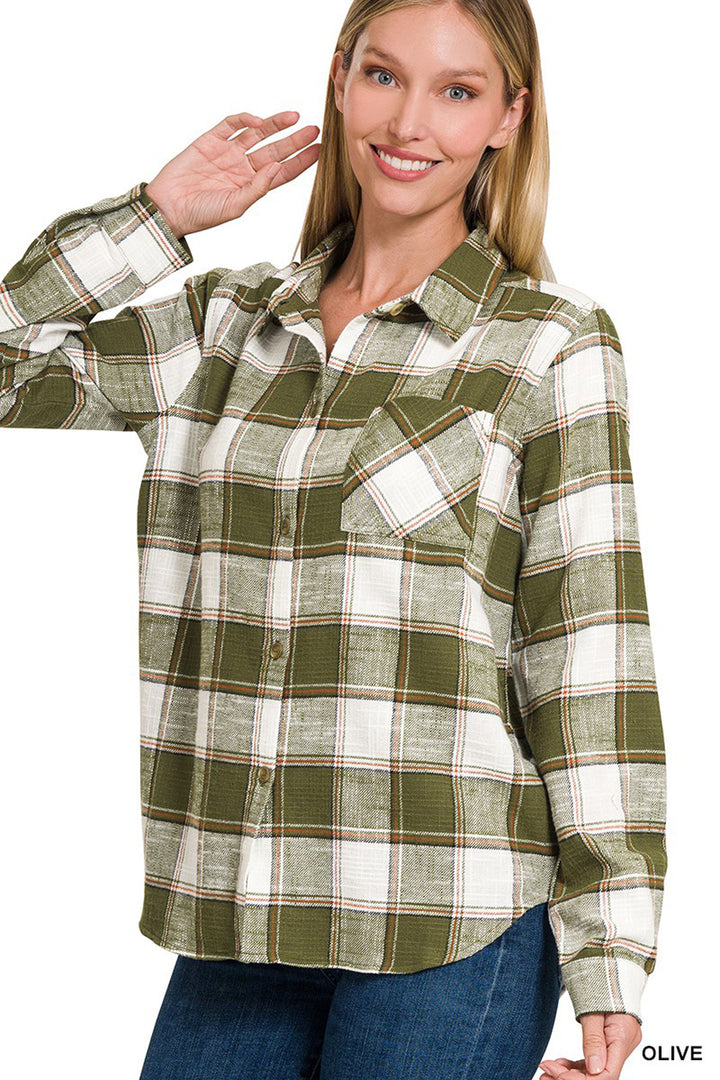 Cotton Plaid Shacket With Front Pocket - Azoroh