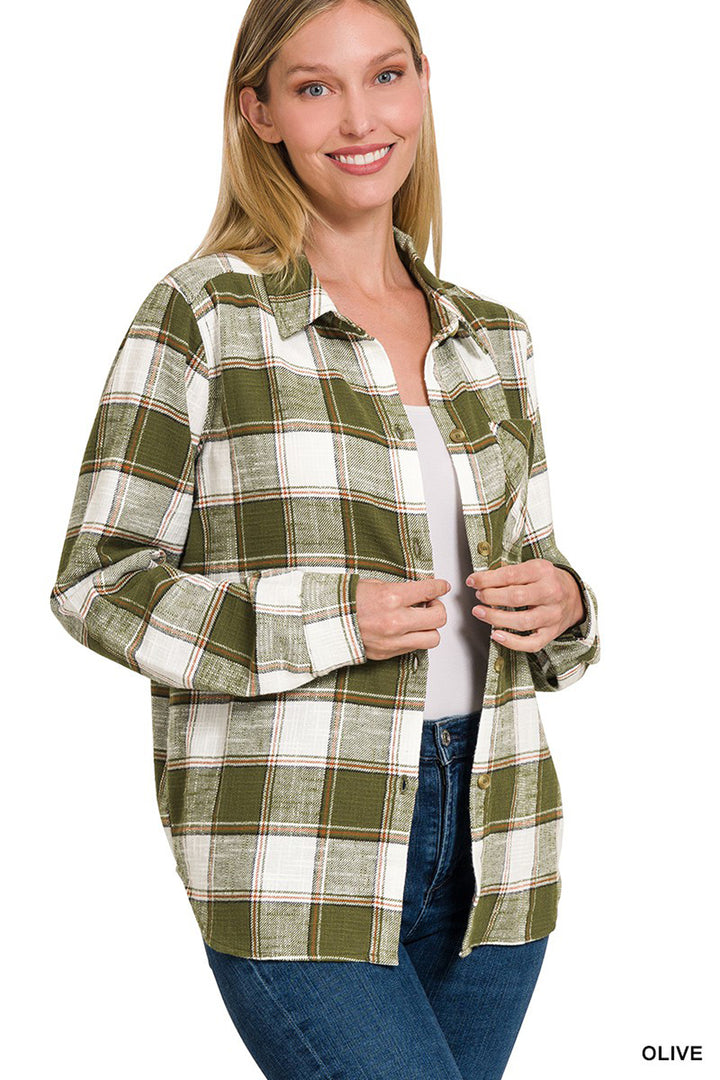 Cotton Plaid Shacket With Front Pocket - Azoroh