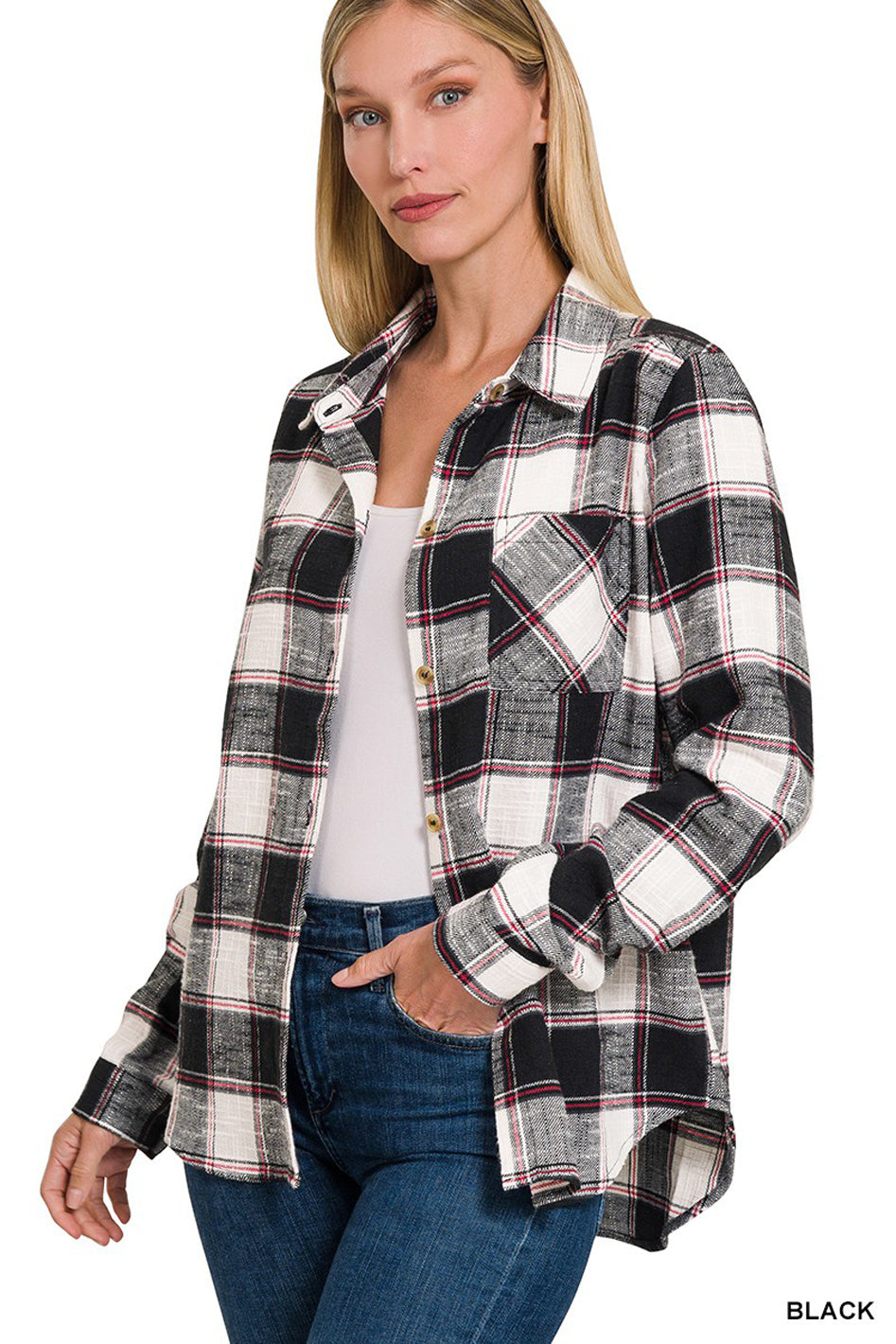 Cotton Plaid Shacket With Front Pocket - Azoroh