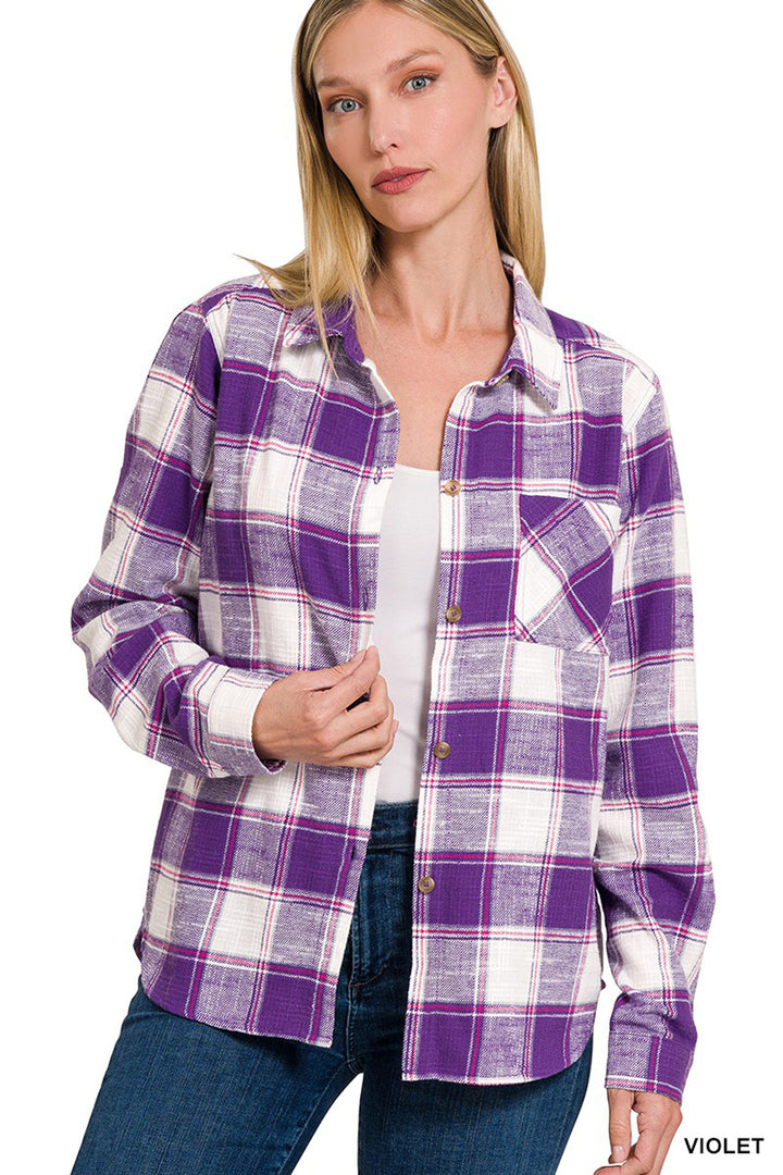 Cotton Plaid Shacket With Front Pocket - Azoroh