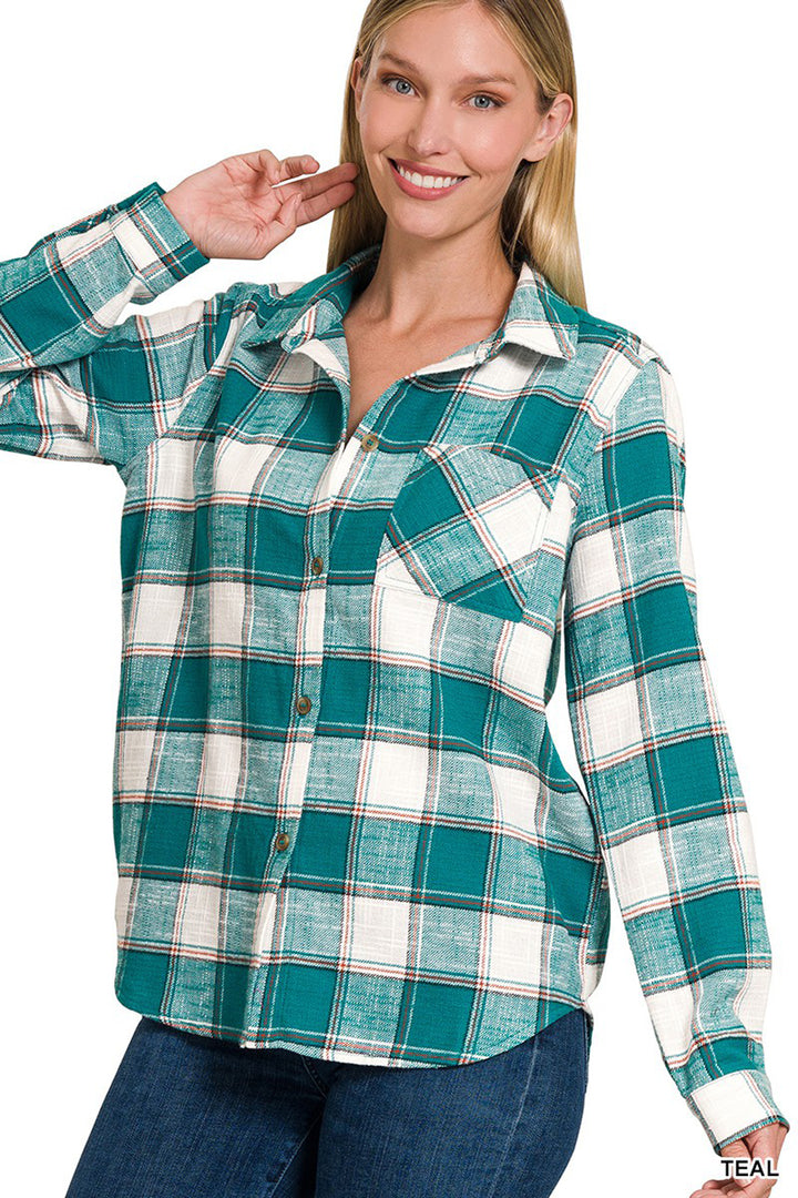 Cotton Plaid Shacket With Front Pocket - Azoroh