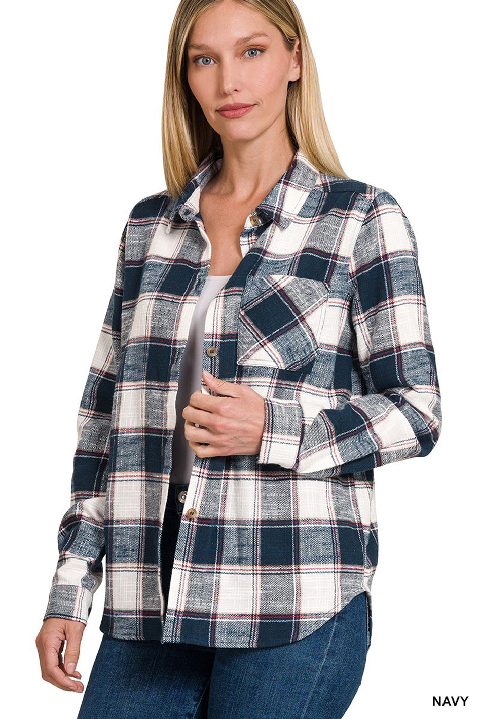 Cotton Plaid Shacket With Front Pocket - Azoroh