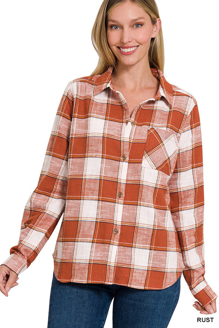 Cotton Plaid Shacket With Front Pocket - Azoroh