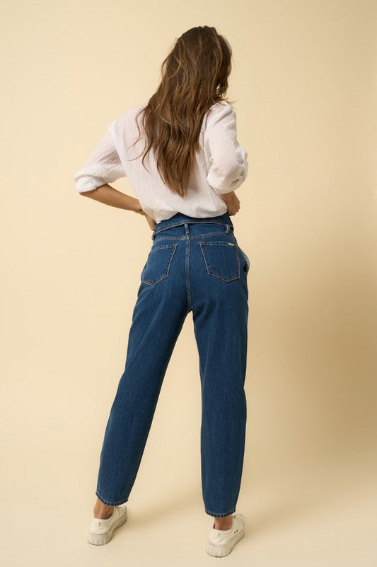 High Rise Flap Waist Relaxed Jeans