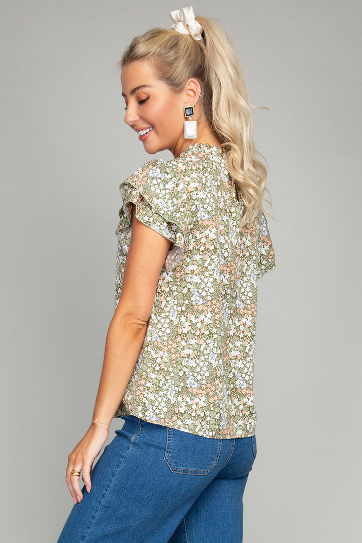 Ditsy Floral Print Butterfly Sleeve Blouse - Azoroh