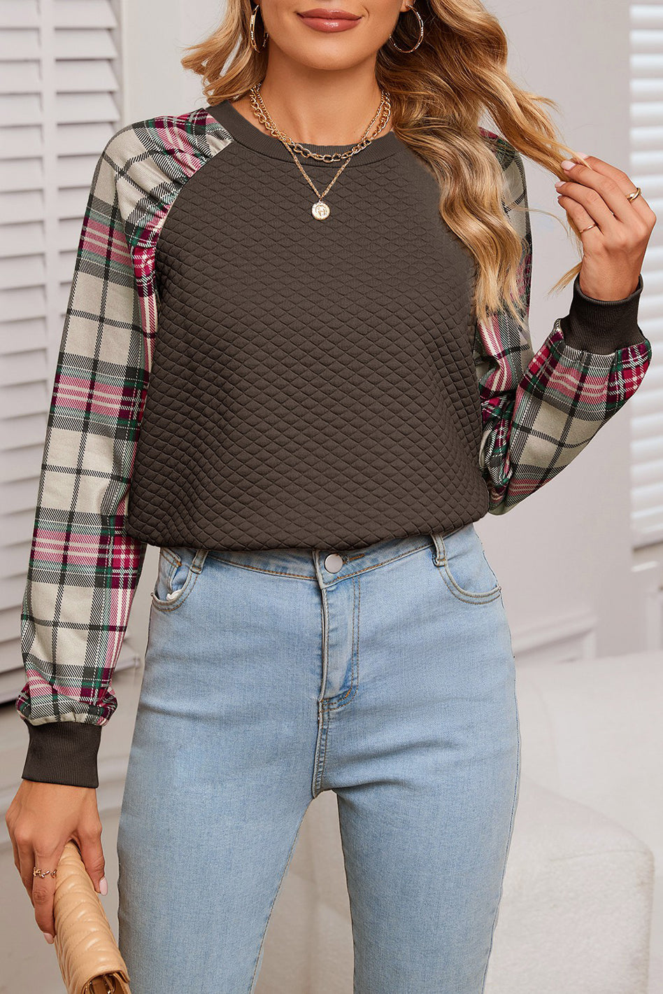 quilted plaid accent sweatshirt pull over