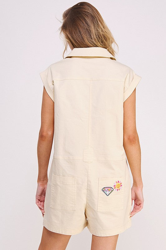 COTTON TWILL UTILITY ROMPER W/ PATCHWORK DETAIL