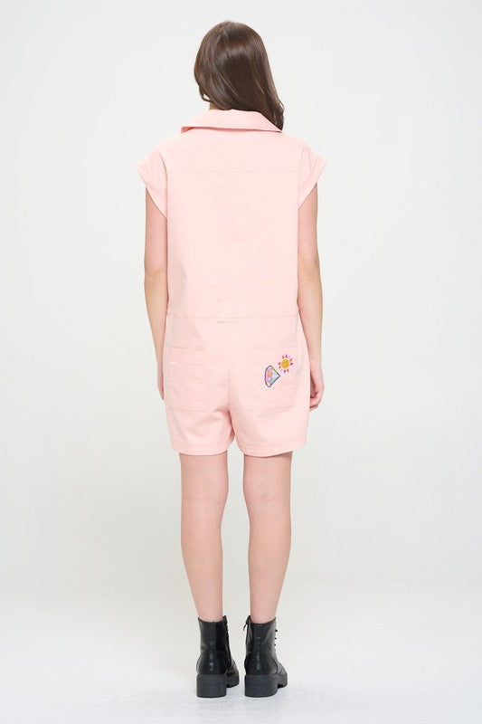 COTTON TWILL UTILITY ROMPER W/ PATCHWORK DETAIL