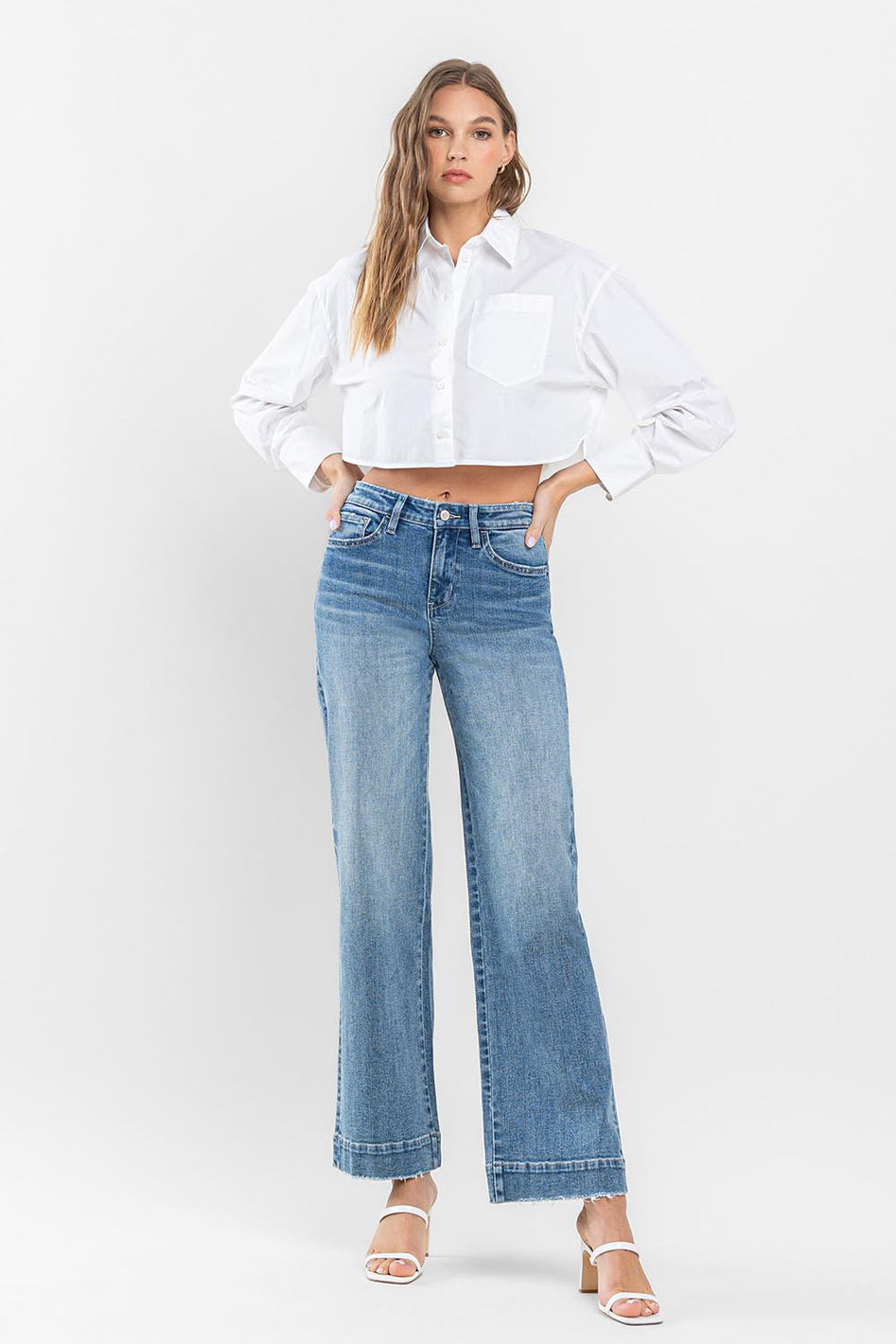 High Rise Wide Leg Jeans with Trouser Hem Detail - Azoroh
