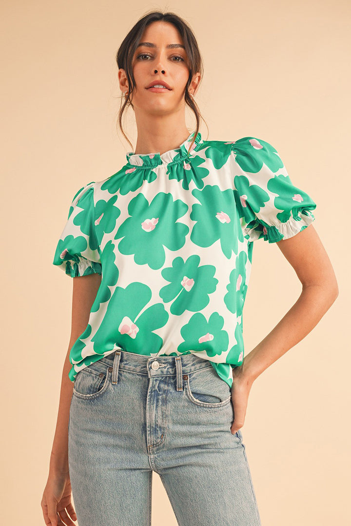 Green Floral Puff Sleeve Frill Neckline Blouse