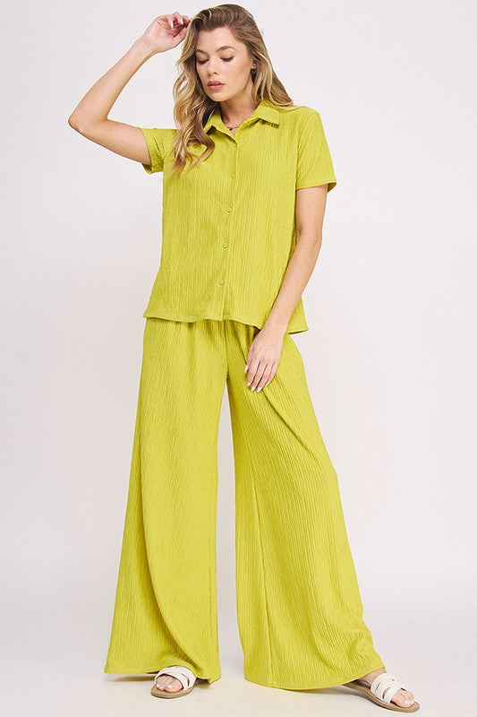 TEXTURED SHORT SLV BUTTON DOWN/WIDE LEG PANTS SET