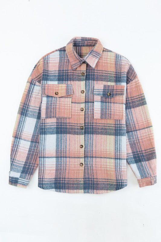 Pink cream plaid checker button shacket shirt