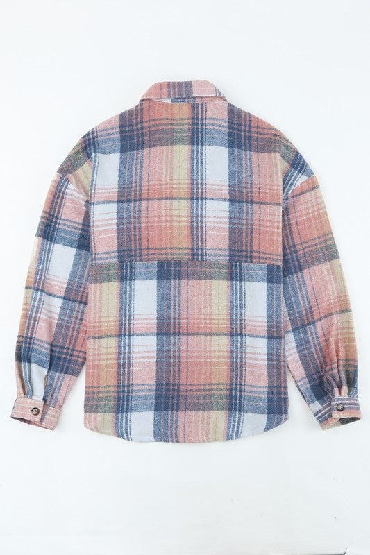 Pink cream plaid checker button shacket shirt