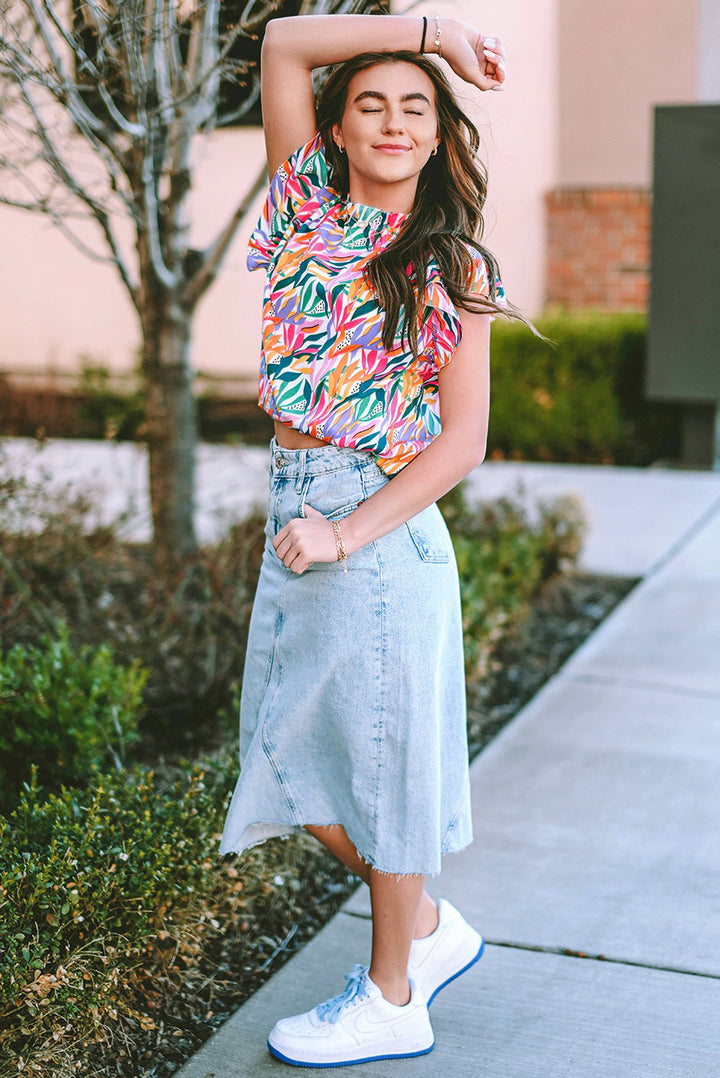 Abstract Print Ruffled Flutter Shoulder Blouse