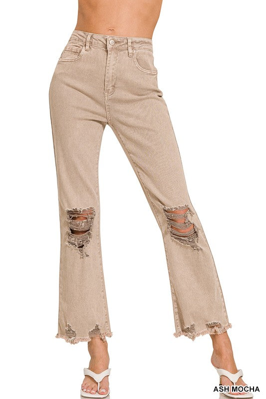 Acid Washed High Waist Distressed Straight Pants - Azoroh