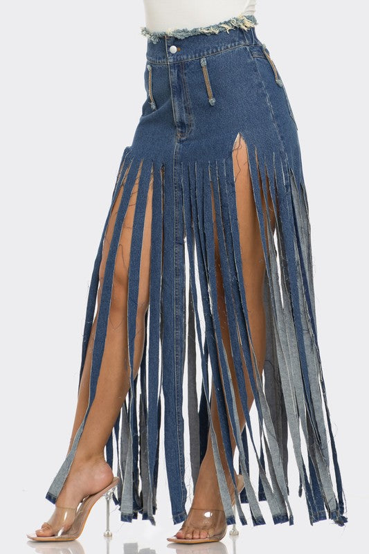 Bohemian Rhapsody Fringe Denim Skirt