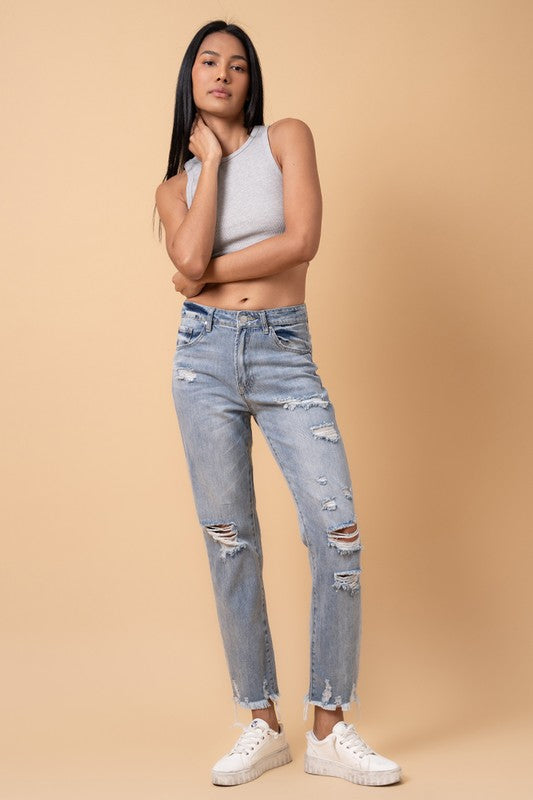 Fray Distressed Girlfriend Jeans