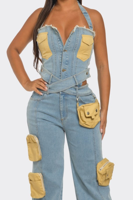 Dual-Tone Utility Denim Jumpsuit