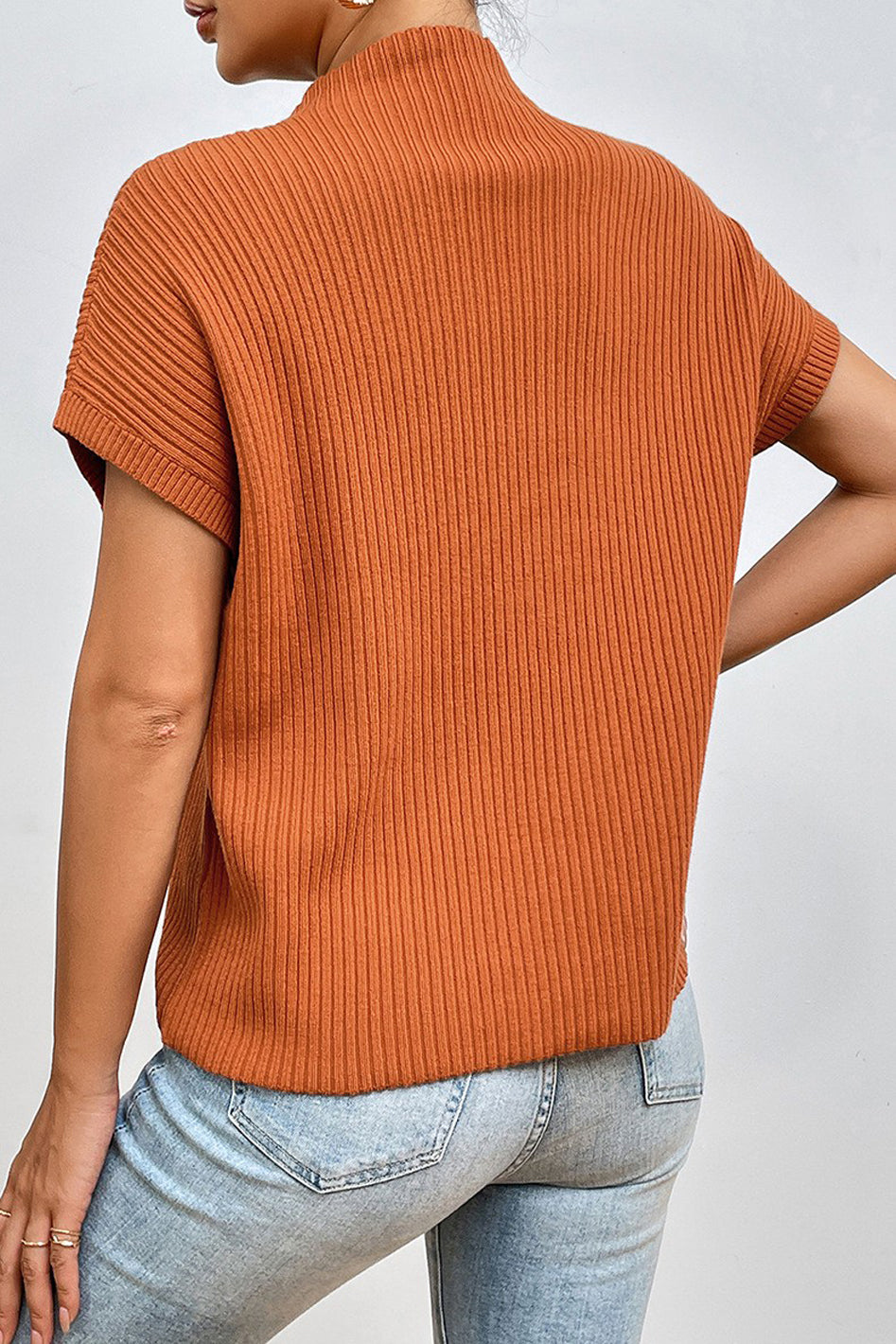 Women Pocket Ribbed Knit Short Sleeve Sweater