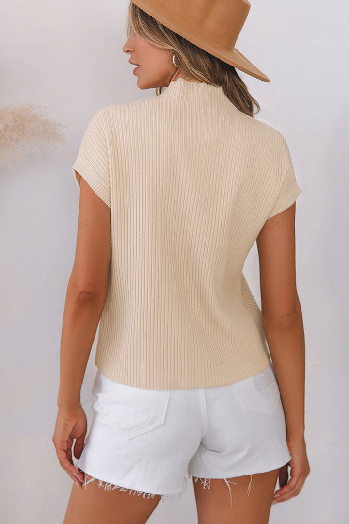 Women Pocket Ribbed Knit Short Sleeve Sweater