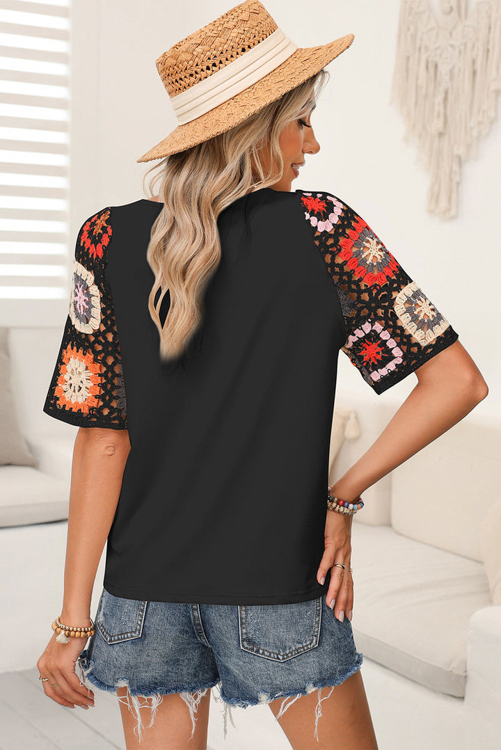 Floral Hollowed Crochet Sleeve Boho T Shirt