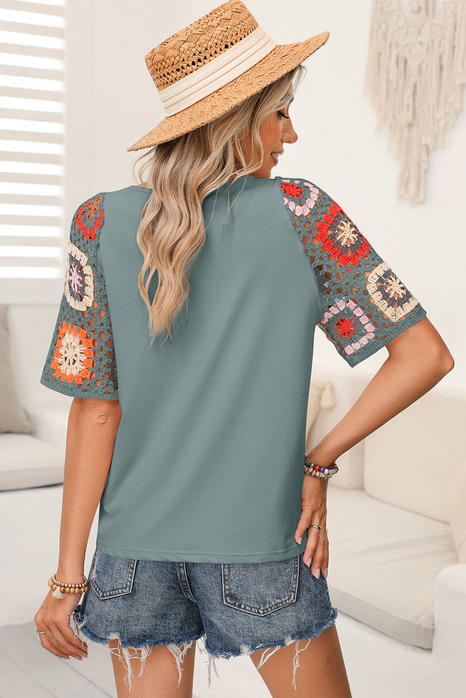 Floral Hollowed Crochet Sleeve Boho T Shirt