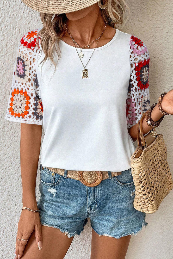 Floral Hollowed Crochet Sleeve Boho T Shirt