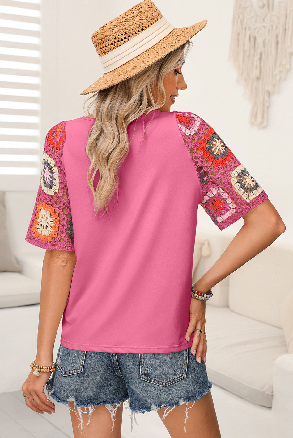 Floral Hollowed Crochet Sleeve Boho T Shirt