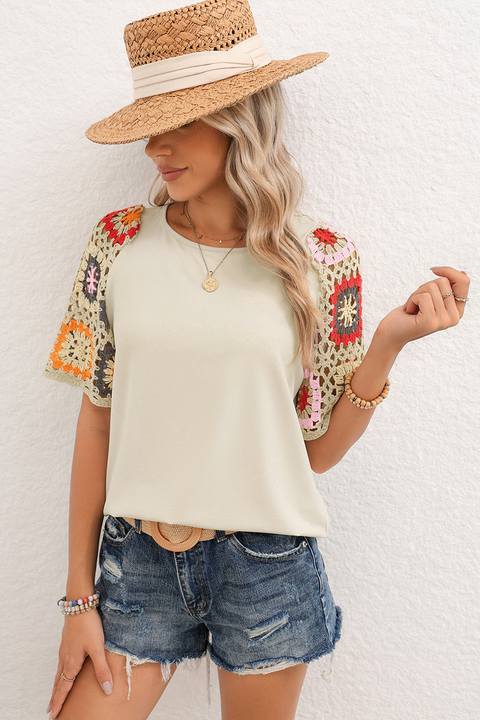 Floral Hollowed Crochet Sleeve Boho T Shirt