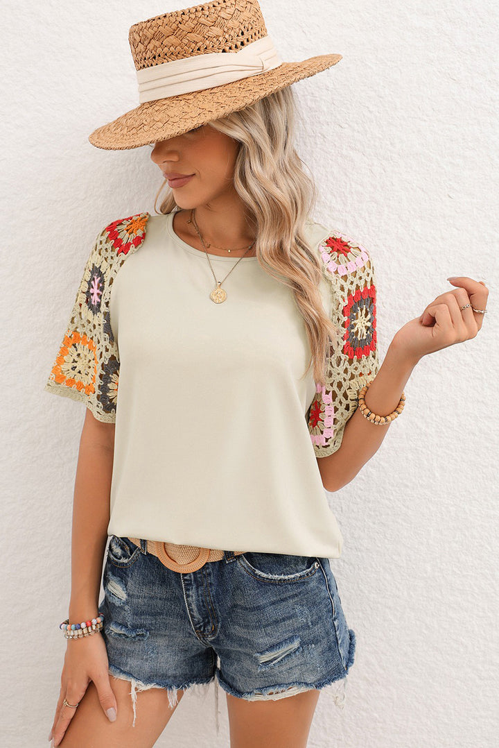 Floral Hollowed Crochet Sleeve Boho T Shirt