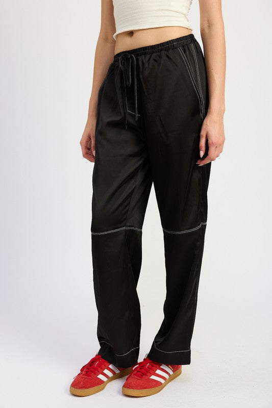 SATIN LOUNGE PANTS WITH CONTRASTED STITCH